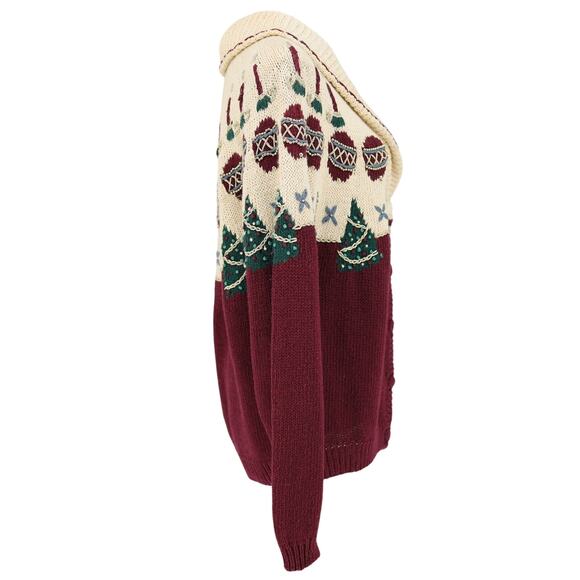 Talbots Sweater Womens Medium Ivory Burgundy Holiday Cardigan Hand Knit Vintage - Picture 5 of 14